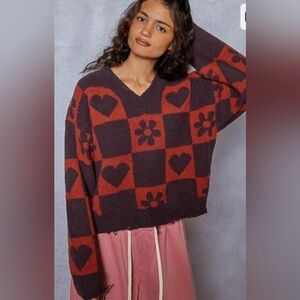 NWOT POL Oversized Purple & Rust Checkerboard Heart Sweater